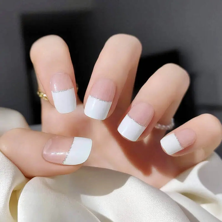 Classic White French Tip With Glitter Line Semi Cured Gel Nail Strips - NG200045 Quinnas