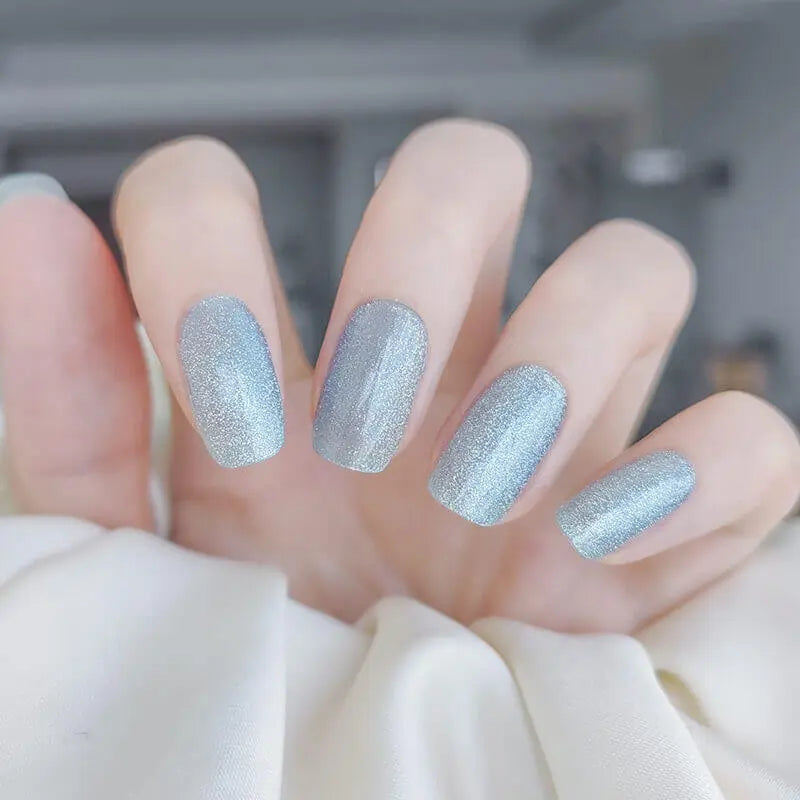 Crystal Magnetic Nails Mint Cat Eye Nails Semi Cured Gel Nail Strips