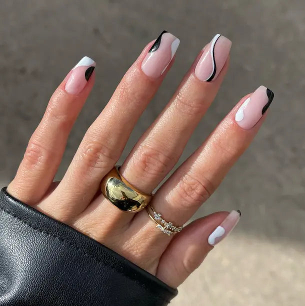 French Tips White Black Nails Line Designs Semi Cured Gel Nail Strips - NG200072 Quinnas