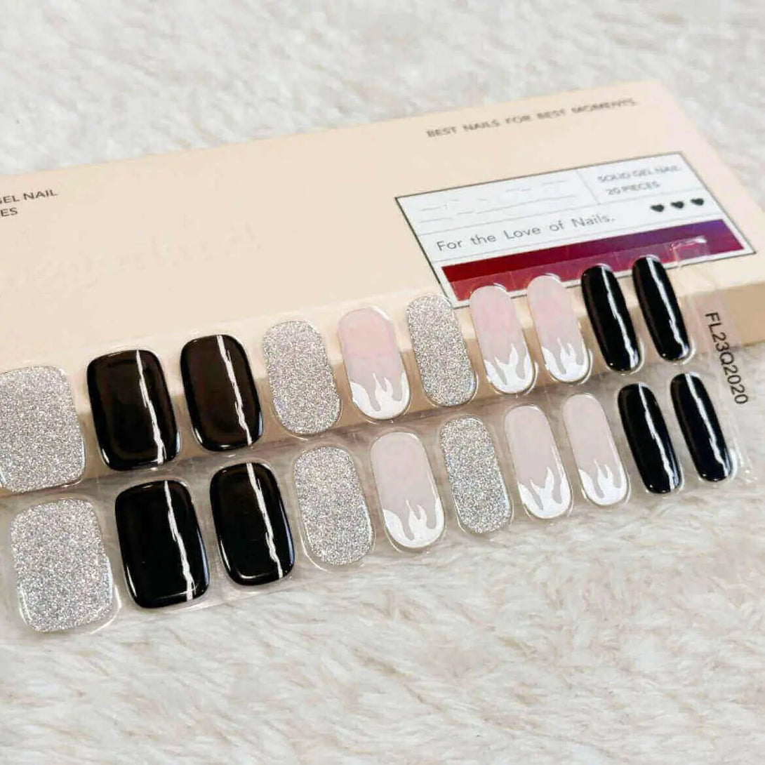 Coolest Y2K Nail Black and Sliver Glitter Nails with Flame Semi Cured Gel Nail Strips - FL23Q2020 Quinnas