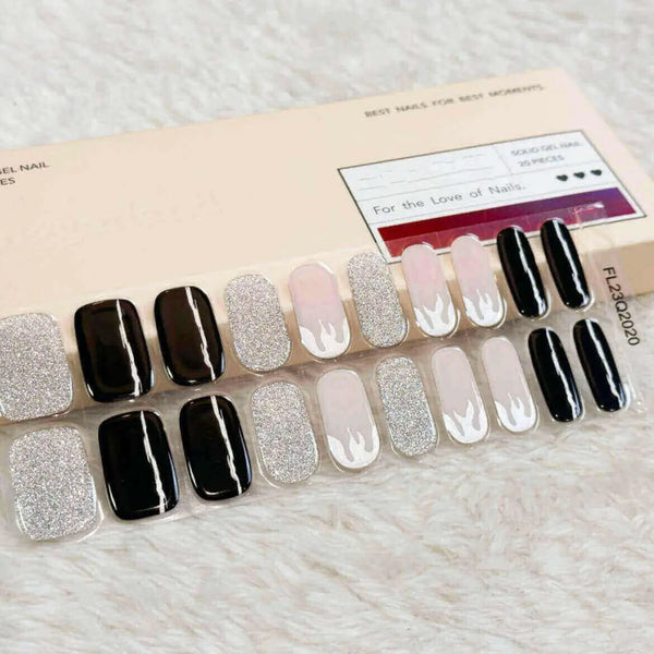 Coolest Y2K Nail Black and Sliver Glitter Nails with Flame Semi Cured Gel Nail Strips - FL23Q2020 Quinnas