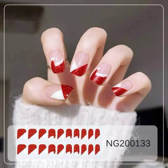 Red French Glitter Nail Santa's Hat Chirstmas Manicure Semi Cured Gel Nail Strips - NG200133 Quinnas
