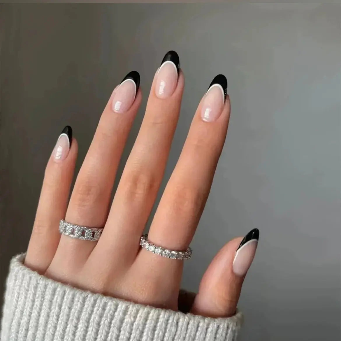 Black French Tip Nail Ideas Classic Black French Manicure With White Lines Semi Cured Gel Nail Strips - NG200156 Quinnas