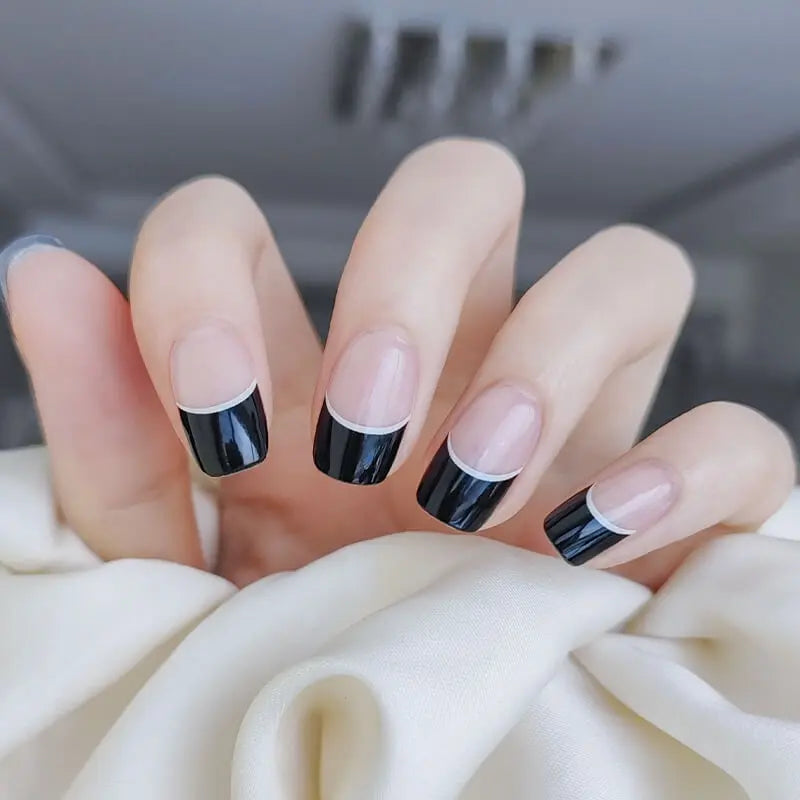 Black French Tip Nail Ideas Classic Black French Manicure With White Lines Semi Cured Gel Nail Strips - NG200156 Quinnas