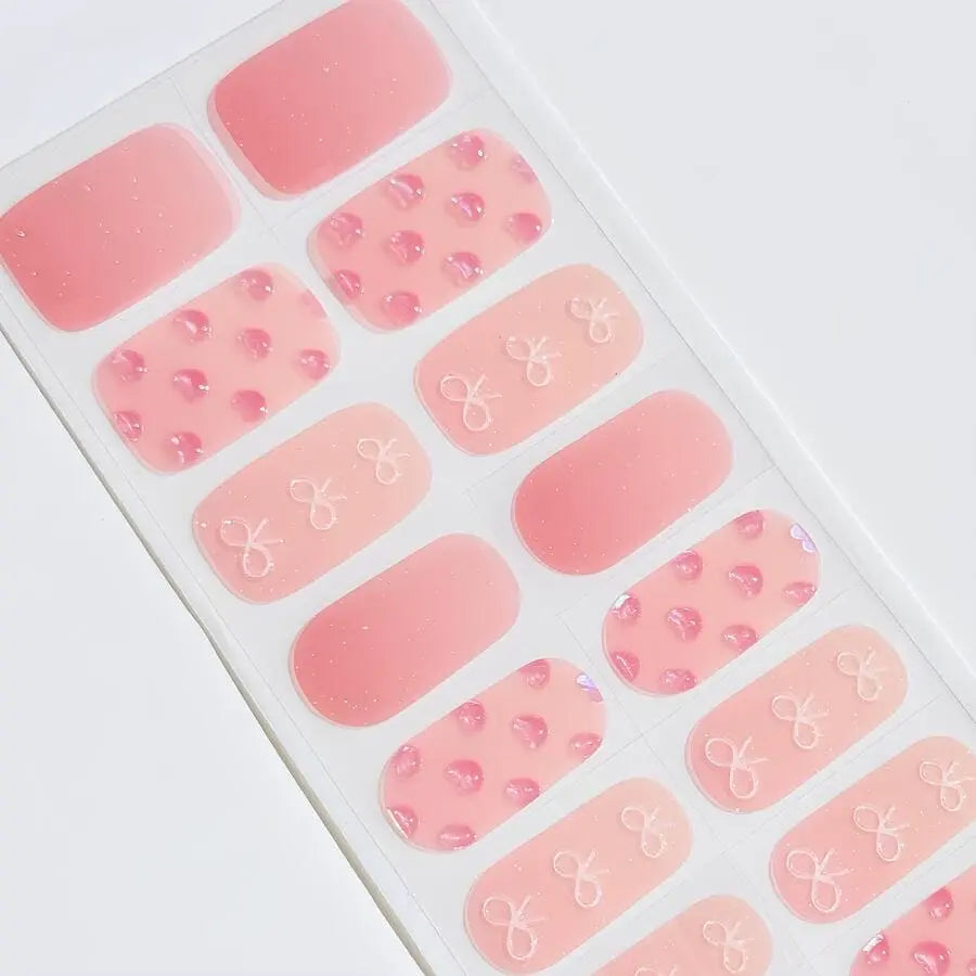 3D Pink Heart & Bow Nail Stickers – 20PCS Self-Adhesive Gel Wraps