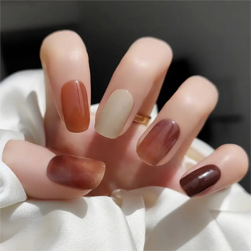 Fall Nail Design Mismatched Modern Brown Nails Semi Cured Gel Nail Strips - NG200016 Quinnas