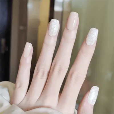 Spring Nails Elegant Nude Nails With Floral Prints Semi Cured Gel Nail Strips - NG200286 Quinnas