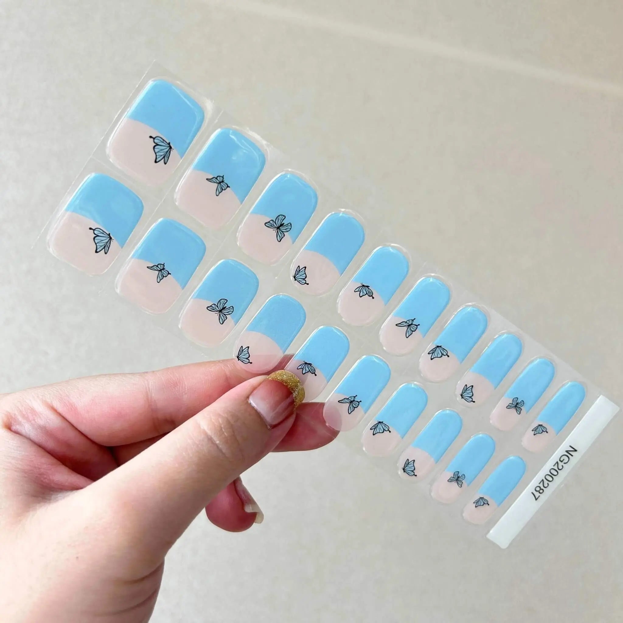 Cute Sky Blue French Tip Nails : Black Butterfly Semi Cured Gel Nail Strips - NG200287 Quinnas