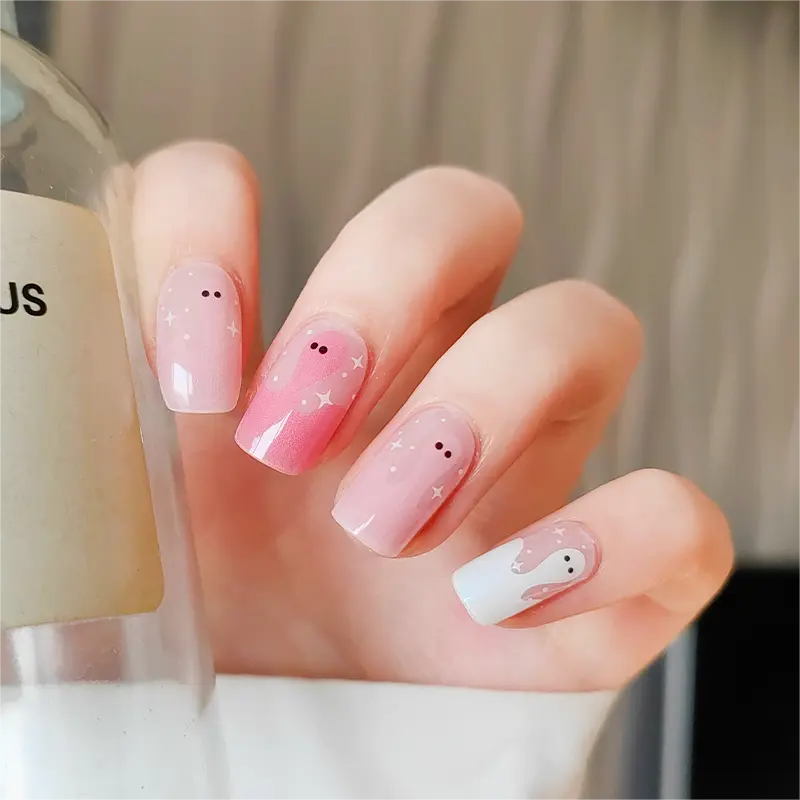 Cute and Spooky Ombre Pink Ghost Halloween Nails Semi Cured Gel Nail Strips - NG200304 Quinnas