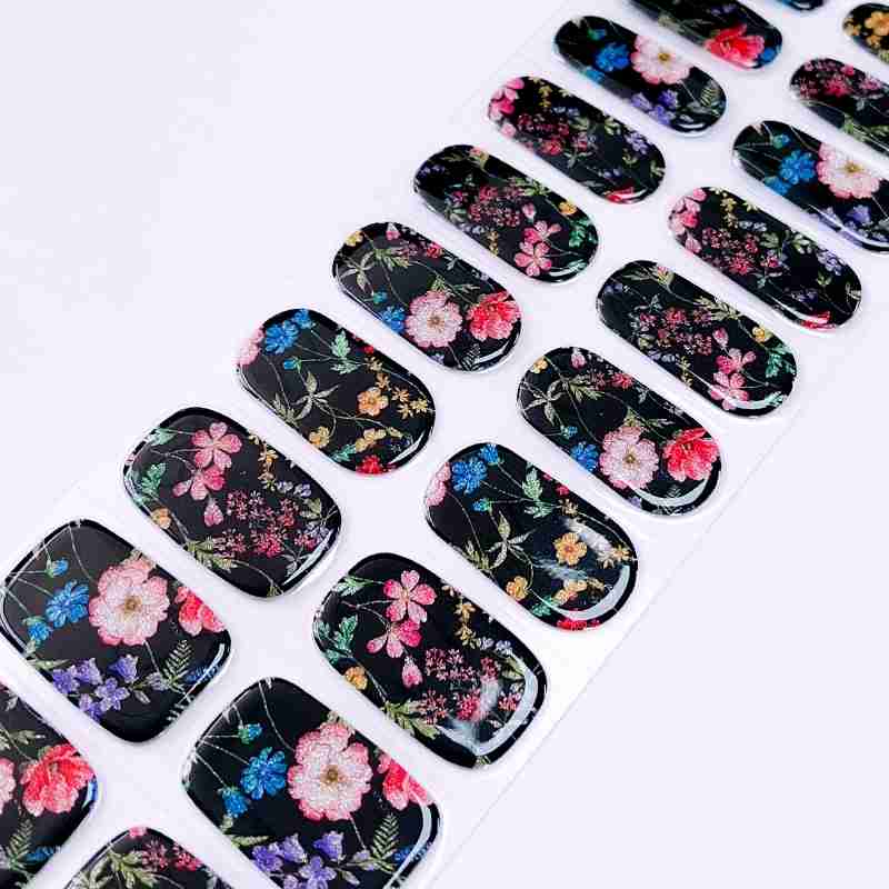 Autumn Floral Nail Art Ideas Black with Colorful Floral Pattern Semi Cured Gel Nail Strips