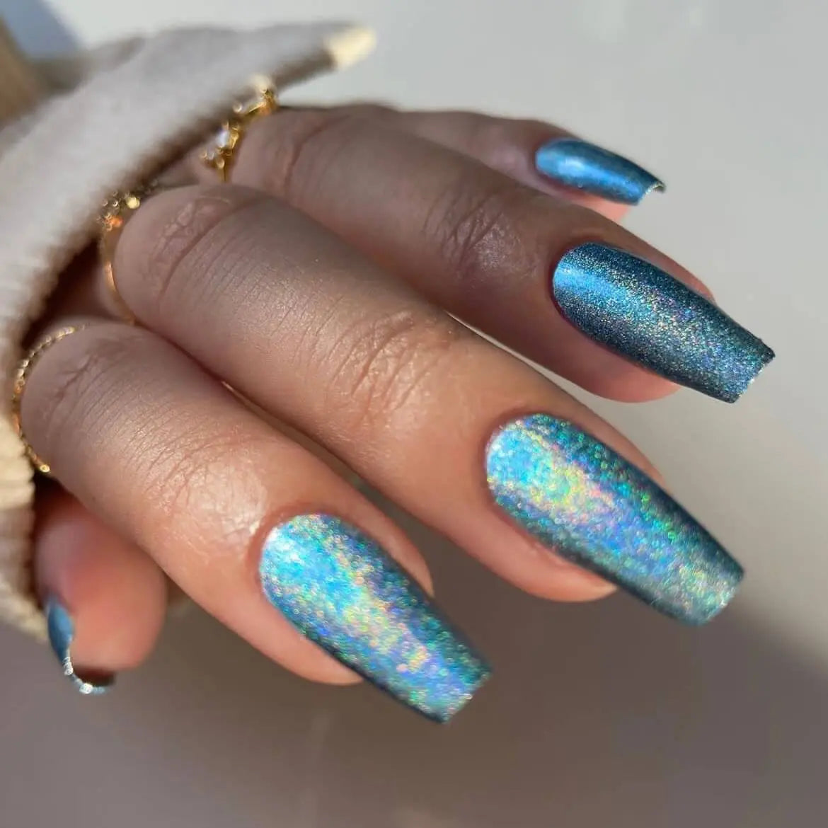 Baby Blue Holographic Rainbow Glitter Nail Semi Cured Gel Nail Strips 1