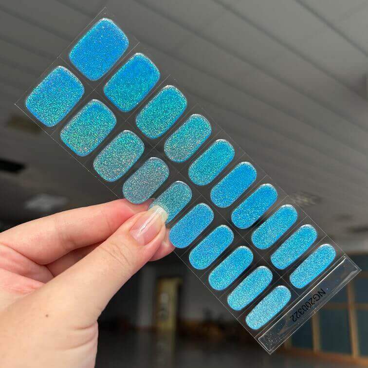 Baby Blue Holographic Rainbow Glitter Nail Semi Cured Gel Nail Strips 322