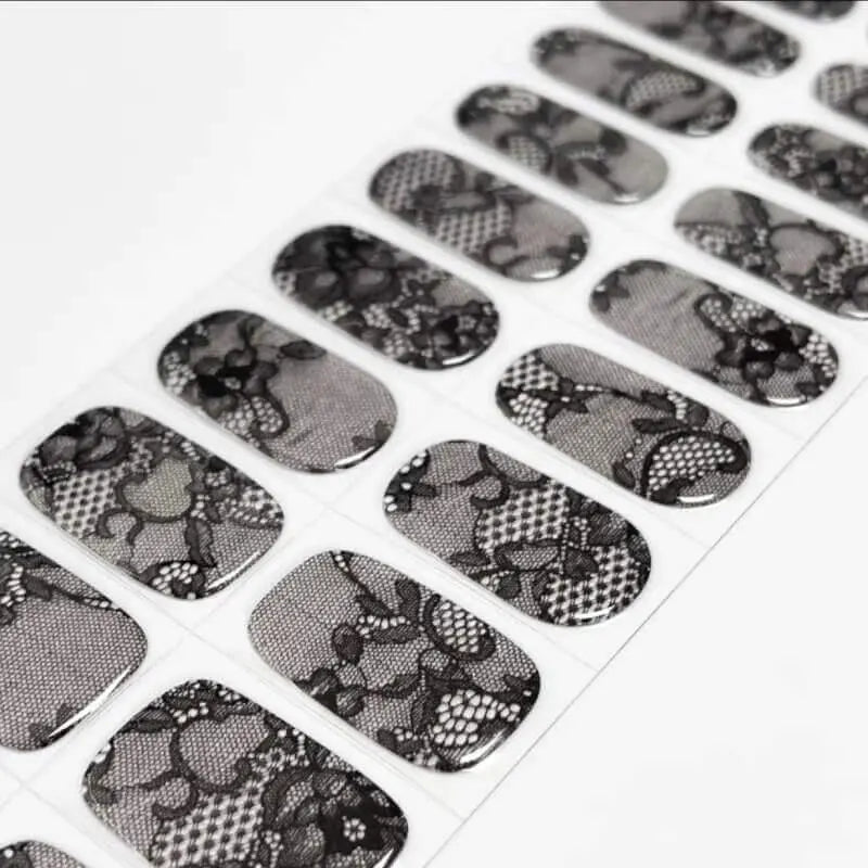 Wedding Nail Designs Glossy Black Lace Nails Semi Cured Gel Nail Strips - NG200300 Quinnas