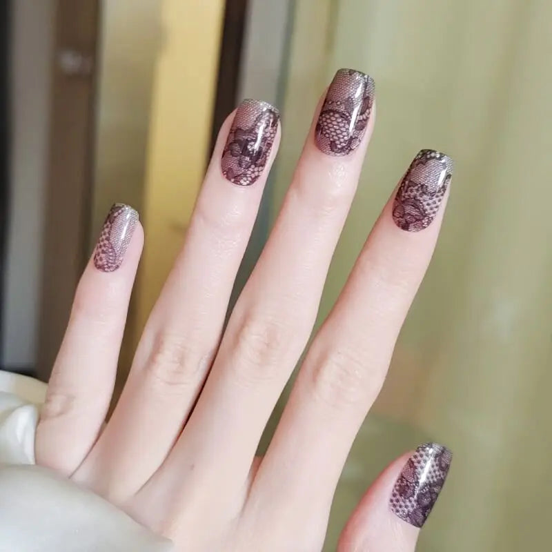 Wedding Nail Designs Glossy Black Lace Nails Semi Cured Gel Nail Strips - NG200300 Quinnas