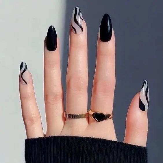 Black Winter Nail Designs Swirl Design Nails Semi Cured Gel Nail Strips