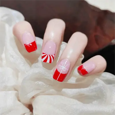 Christmas Bows Candy Cane With Solid Red French tips Semi Cured Gel Nail Strips