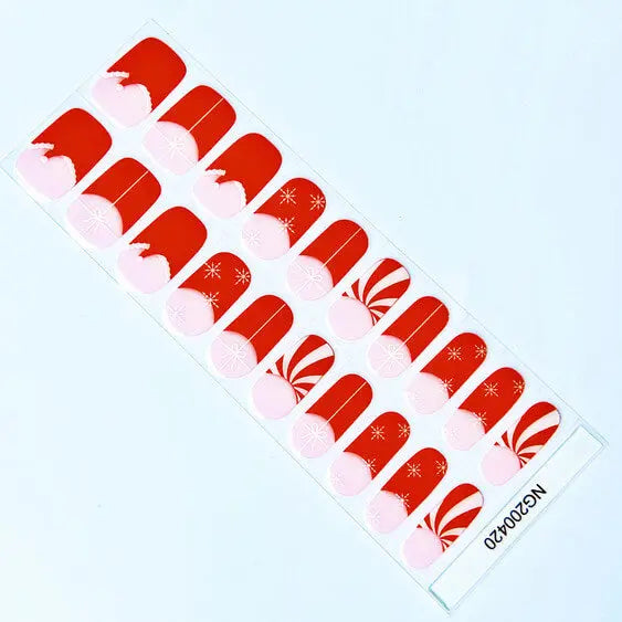 Christmas Bows Candy Cane With Solid Red French tips Semi Cured Gel Nail Strips - NG200420