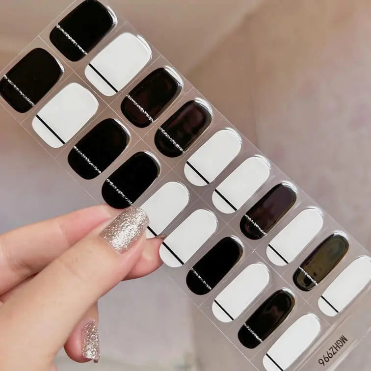 Classic Black And White Glitter Lines French Nails Semi Cured Gel Nail Strips