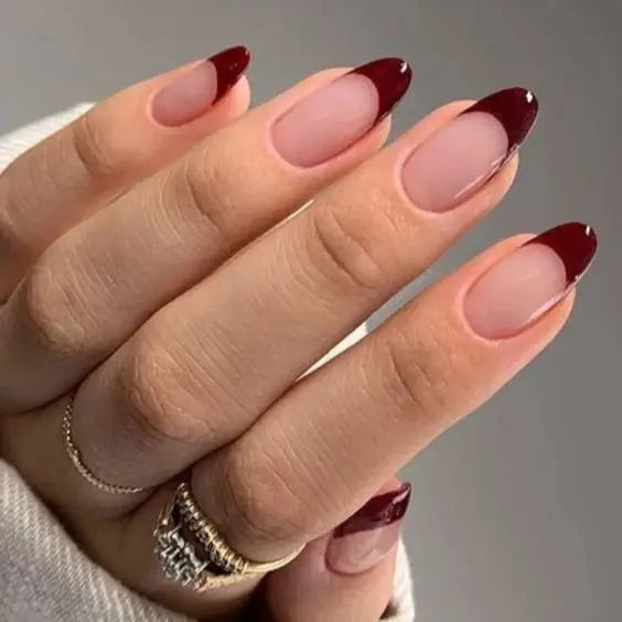 Classy Garnet Red French Nails Semi Cured Gel Nail Strips