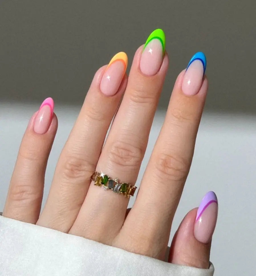 Color Block Skittle French Tips Semi Cured Gel Nail Strips - NG200046 Quinnas