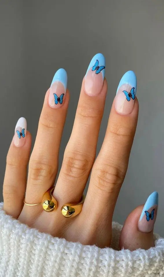 Cute Sky Blue French Tip Nails : Black Butterfly Semi Cured Gel Nail Strips - NG200287 Quinnas