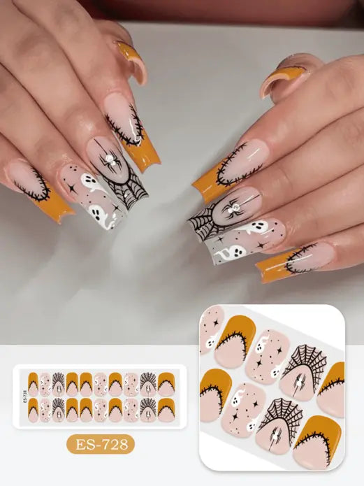 Quinnas Halloween nails, halloween nail designs, Semi-Cured Gel Nail Wraps, Halloween Semi Cured Gel Nail Strips Semi Cured Gel Nail Strips Quinnas
