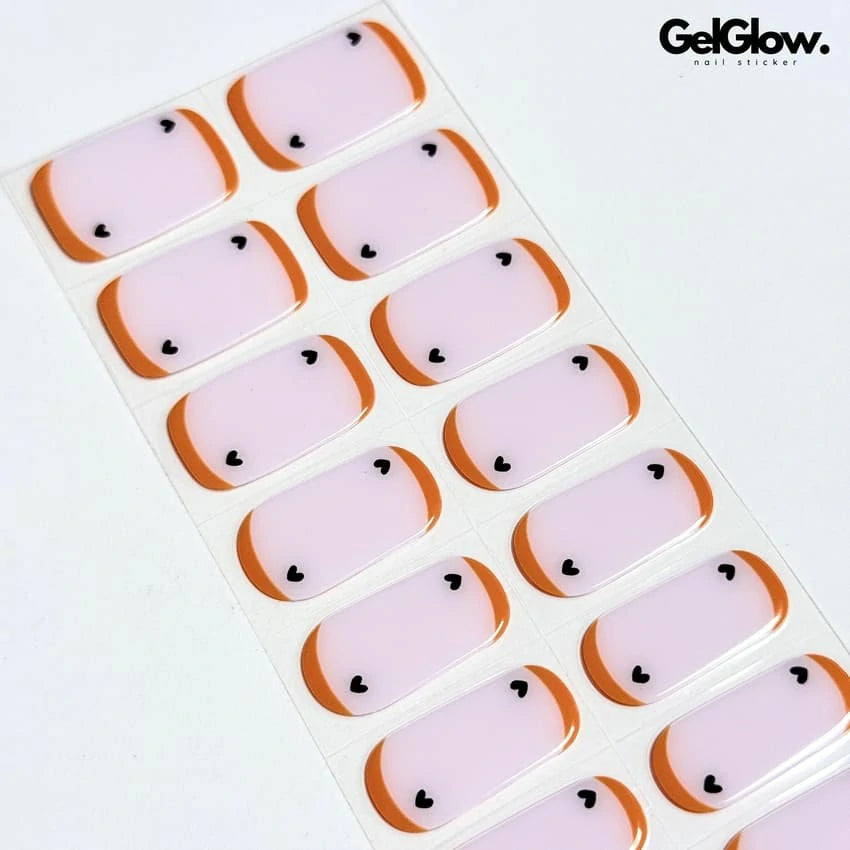 Edgy Yet Elegant Nude French Nails with Black Heart Semi Cured Gel Nail Strips - FL23Q2009