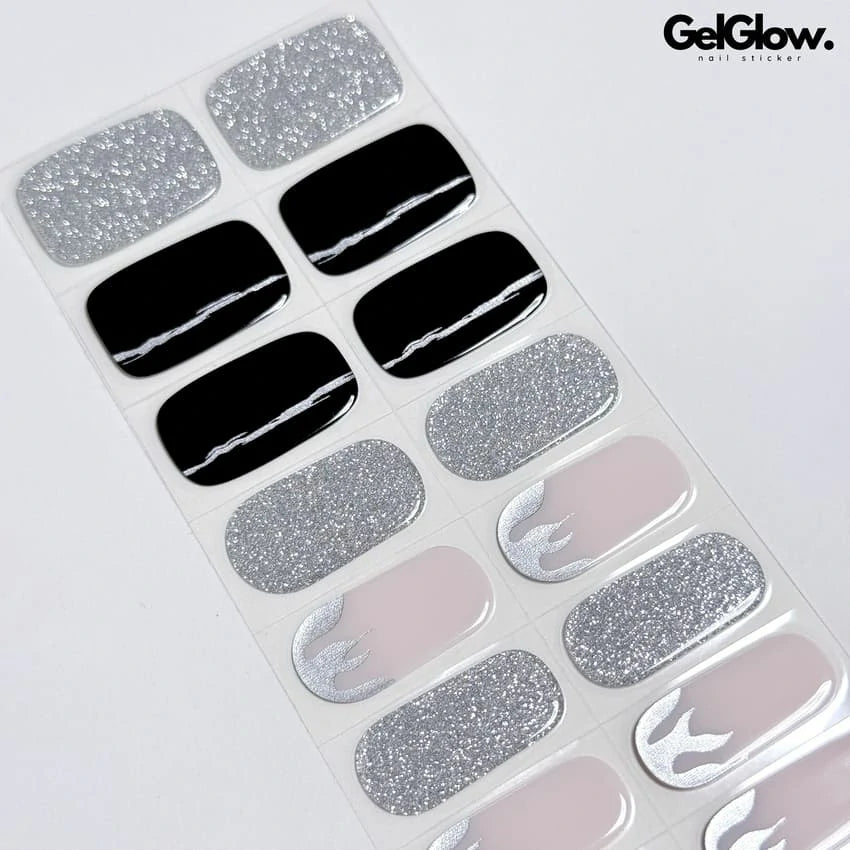Coolest Y2K Nail Black and Sliver Glitter Nails with Flame Semi Cured Gel Nail Strips - FL23Q2020