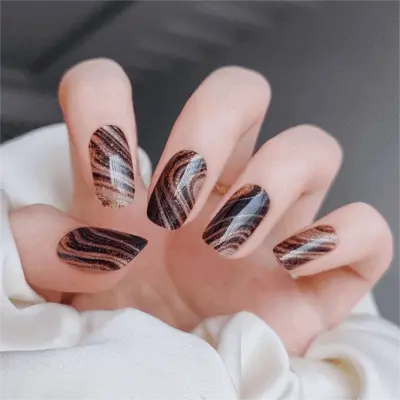 Fall Manicure Inspo Brown Nail Designs Sparkling Brown Wave Nails Semi Cured Gel Nail Strips
