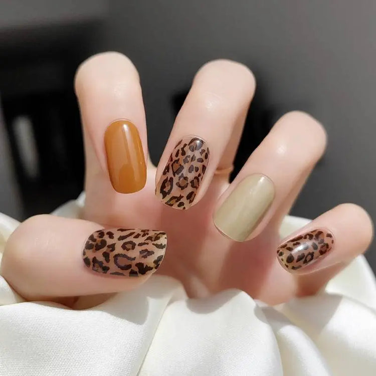 Fall Nail Ideas Brown Leopard Print Nail Semi Cured Gel Nail Strips