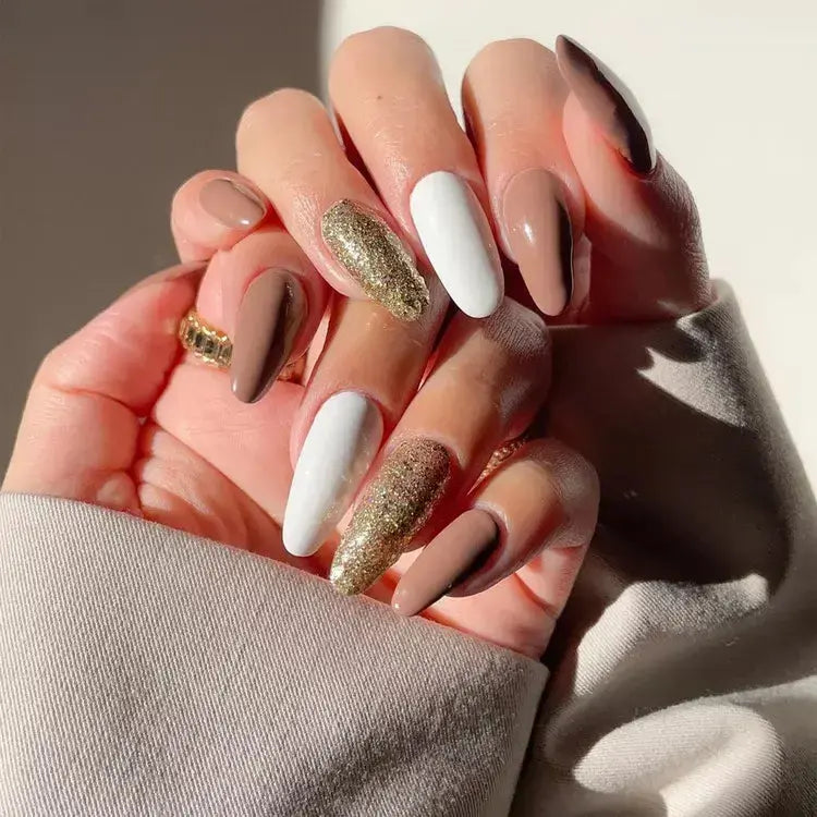 Mix Brown Nails (Brown&white&sparkly) Semi Cured Gel Nail Strips - FL23Q2021 Quinnas