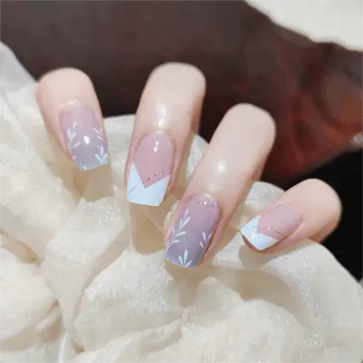 French Nail Ideas Blue And White Print Gradient French Nail Semi Cured Gel Nail Strips