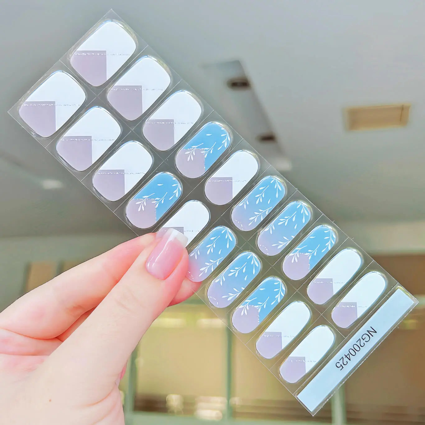 French Nail Ideas Blue And White Print Gradient French Nail Semi Cured Gel Nail Strips - NG200425