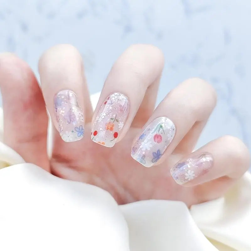 Glossy Cute Spring Nails Glitter Floral Tulip Nails Semi Cured Gel Nail Strips