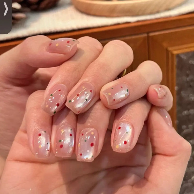 Glossy Shiny Pink Nails Colorful Polka Dot Nails Semi Cured Gel Nail Strips