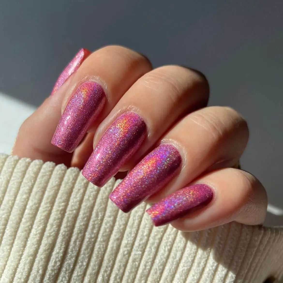 Hot Pink Rainbow Cat Eye Holographic Magnetic Nails Semi Cured Gel Nail Strips