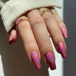 Hot Pink Rainbow Cat Eye Holographic Magnetic Nails Semi Cured Gel Nail Strips 47