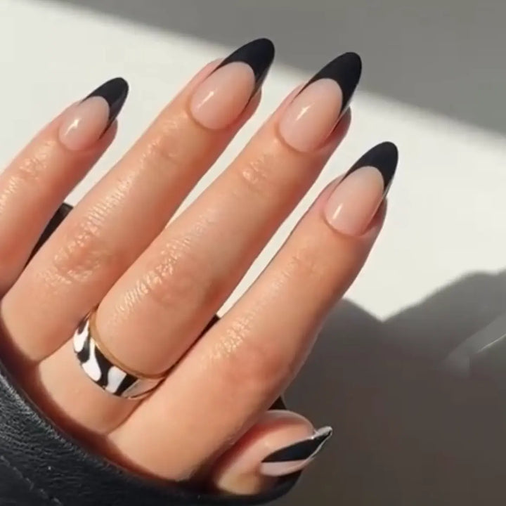 Classic Black French Tip Nail Design Ideas Semi Cured Gel Nail Strips - NG200020 Quinnas