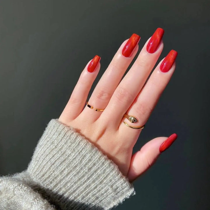 Summer Nails Shiny Diamond Glitter Ruby Red Crystal Cat Eye Nails Semi Cured Gel Nail Strips - NG200208 Quinnas