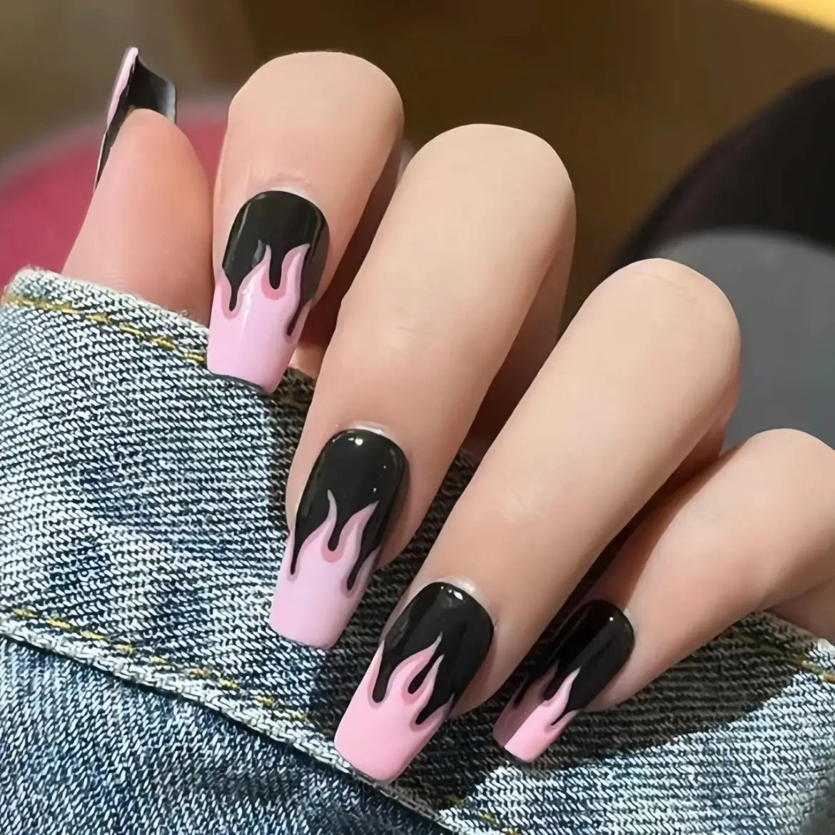 Y2K Black & Pink Flame Nails with Design Semi Cured Gel Nail Strips - FL23Q2023 Quinnas