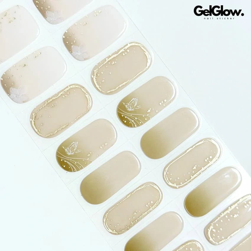 Spring Nail Design Gold Powder Nude Butterfly Nails Semi Cured Gel Nail Strips - MGHZ074