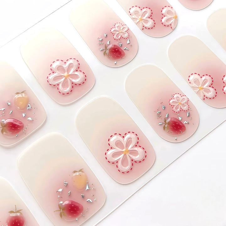 Strawberry Pink Cute Floral Nails｜3D Gel Nail Wraps - MK0075