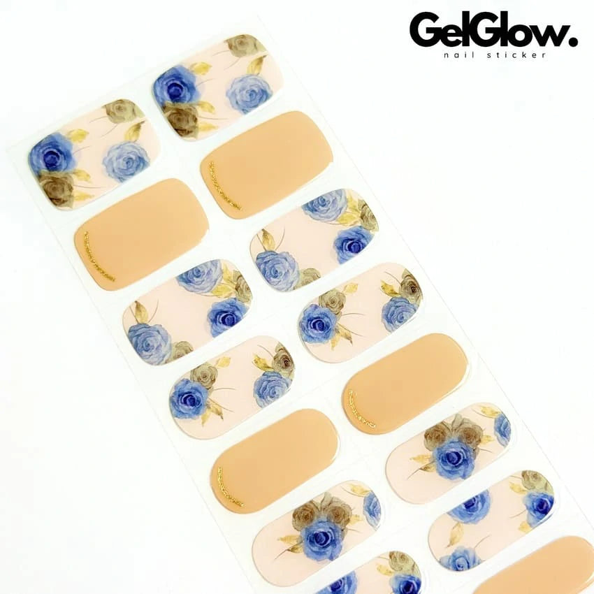 Elegant Vintage Blue Rose Nails Semi Cured Gel Nail Strips