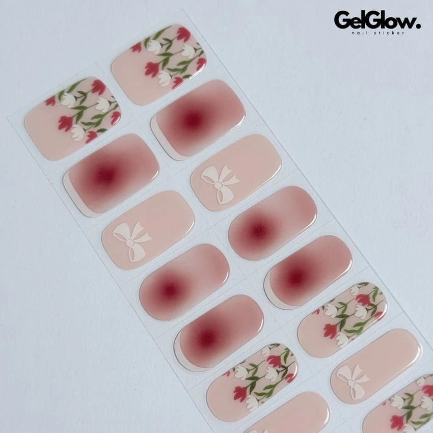 Spring Nails Pink Bow Tulip Blush Nails Semi Cured Gel Nail Strips - NG200080