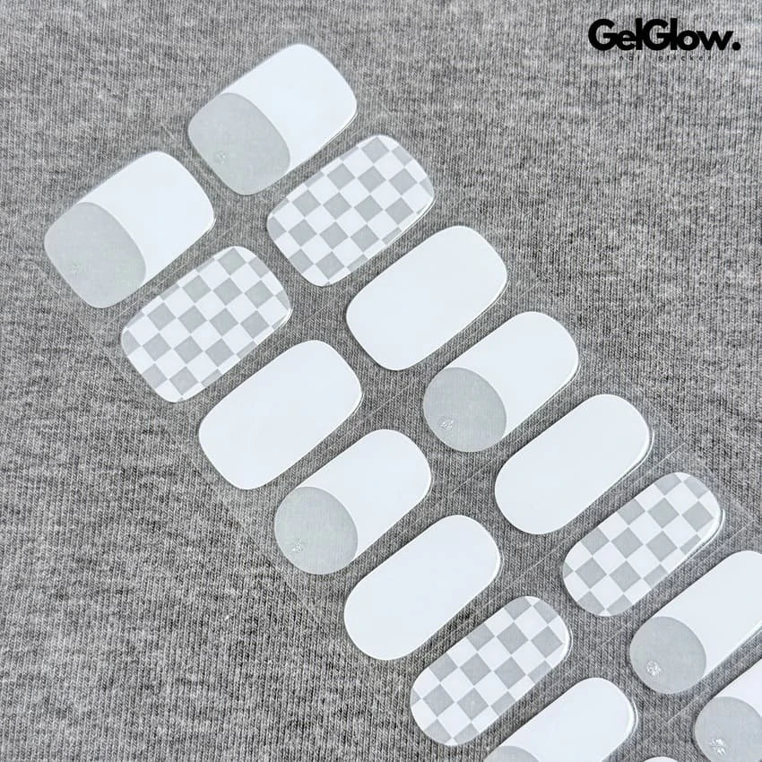 Checkerboard White French Manicure Semi Cured Gel Nail Strips - NG200083