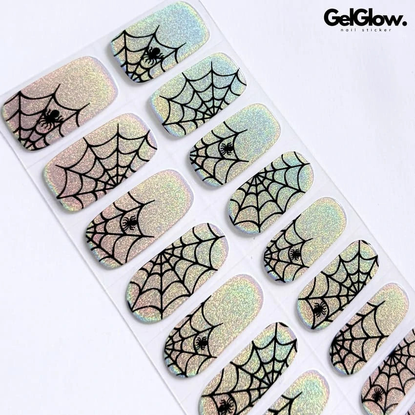 Silver Sequin Spider Web Halloween Nails Semi Cured Gel Nail Strips - NG200106
