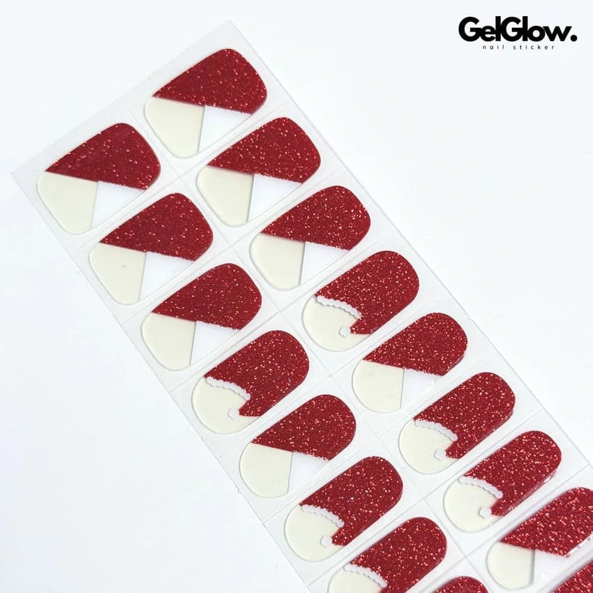 Red French Glitter Nail Santa's Hat Chirstmas Manicure Semi Cured Gel Nail Strips - NG200133