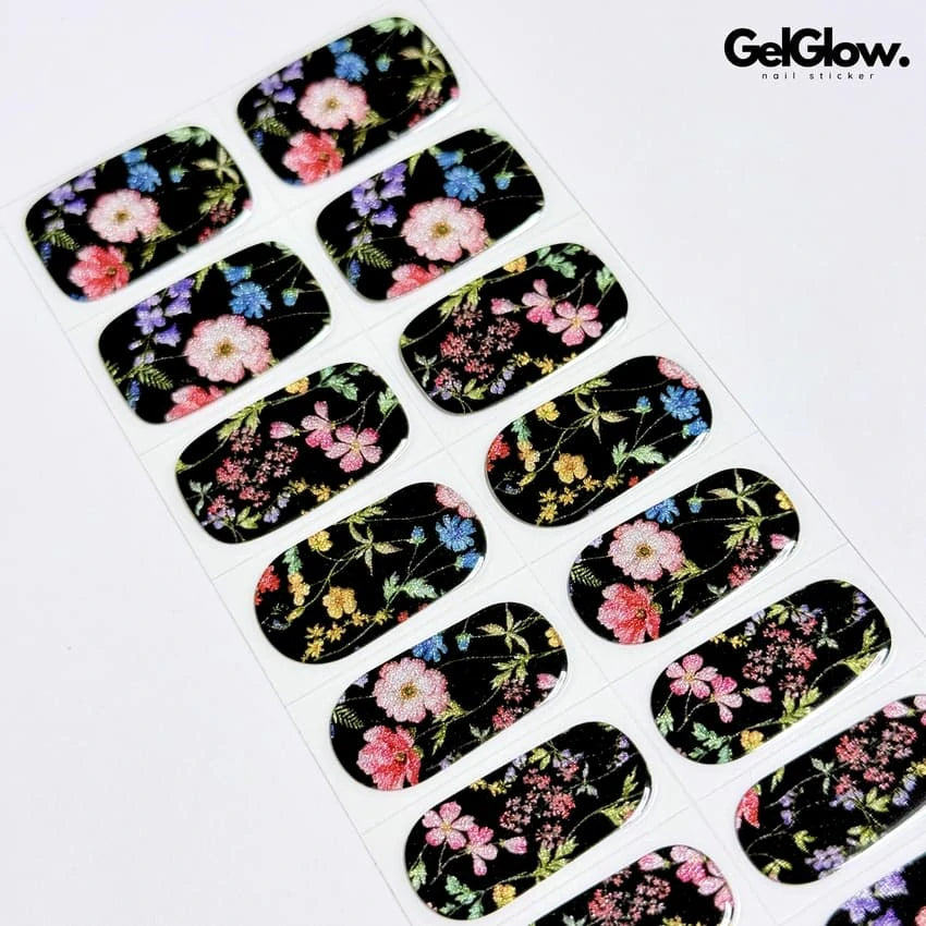 Autumn Floral Nail Art Ideas Black with Colorful Floral Pattern Semi Cured Gel Nail Strips - NG200204