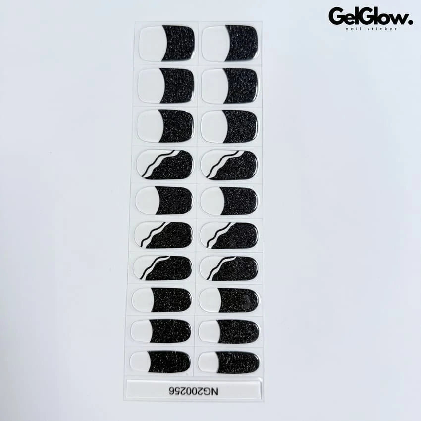 Black Swirl Lines Shiny French Nails Semi Cured Gel Nail Strips - NG200256