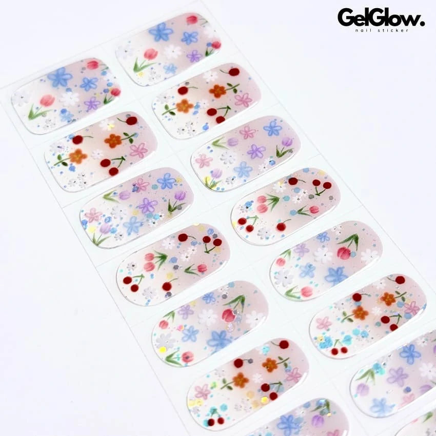 Glossy Cute Spring Nails Glitter Floral Tulip Nails Semi Cured Gel Nail Strips - NG200271